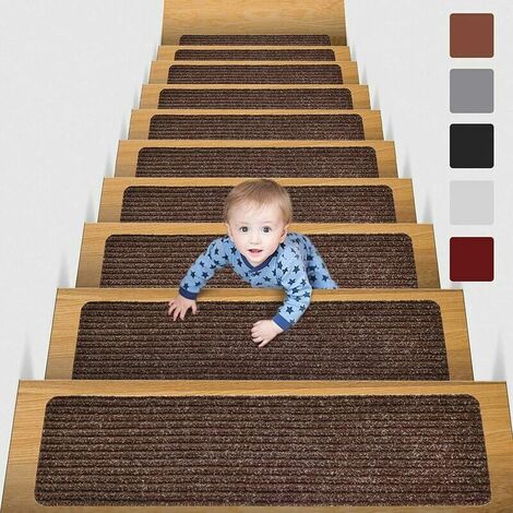 20 x 76cm (Pack of 15) Non-Slip Stair Treads Non-Slip Safety Mat Non-Slip Indoor Hallway Rug for Kids, Seniors and Pets with Reusable Adhesive, Brown