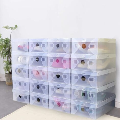 20 x boîtes à chaussures pliables, boîtes transparentes, 28 cm x 18 cm x 10 cm, boîtes à chaussures, empilables, boîtes en plastique, nervurées transparentes blanches