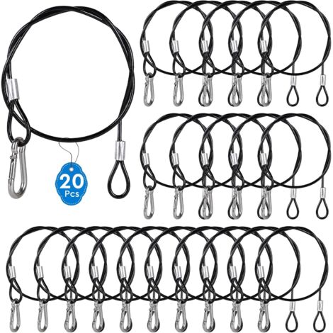 20 x Câble de Sécurité 52 mm en Acier Inoxydable avec Mousqueton de Sécurité n° 4, Câble de Suspension 3 mm avec Gaine en PVC Transparente, Capacité de Charge de 25 kg