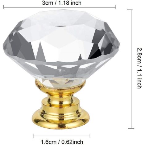 20 X Poigne Bouton De Porte Placard Meuble Tiroir - Diamant En Verre Cristal Clair + Base En Or - 30mm