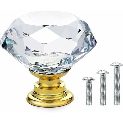 AUNRTB 20 x Poignée Bouton de Porte Placard Meuble Tiroir - Diamant en Verre Cristal Clair + Base en or - 30mm - avec Vis de 3 Longueurs FLYME