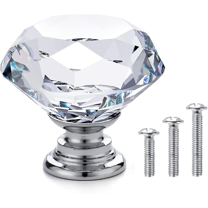 20 x Poignées et Boutons de Meubles en Verre - Boutons de Porte pour Armoires Placards - Poignées de Tiroir - Diamant en Verre Cristal Clair + Base