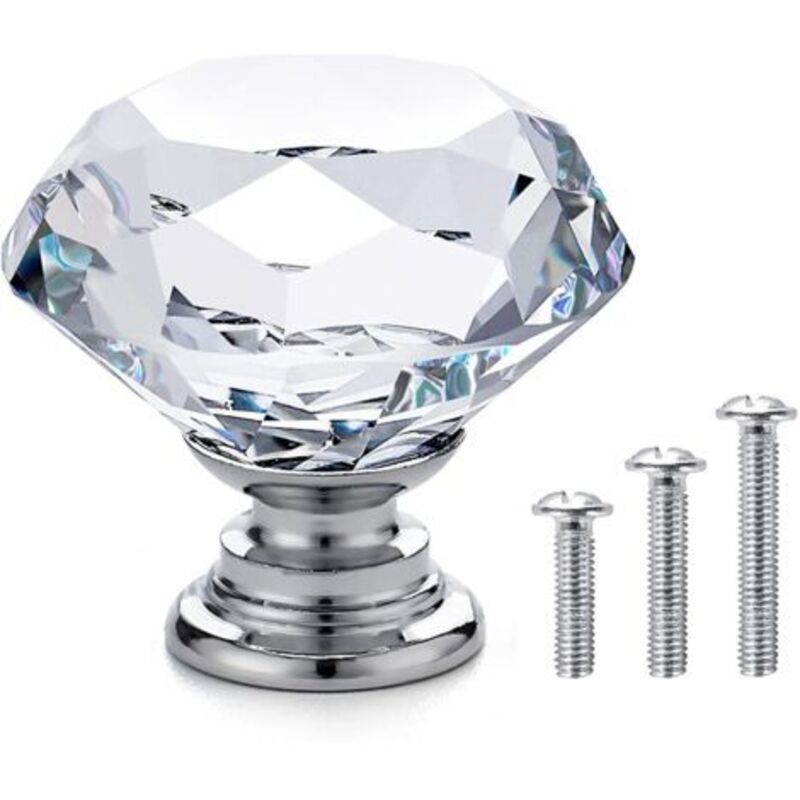 20 x Poignées et Boutons de Meubles en Verre - Boutons de Porte pour Armoires Placards - Poignées de Tiroir - Diamant en Verre Cristal Clair + Base