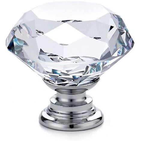 20 x poignées et boutons de meubles en verre – poignées de porte d'armoire – poignées de tiroir – diamant en verre cristal transparent + base argentée – 30 x 28 mm