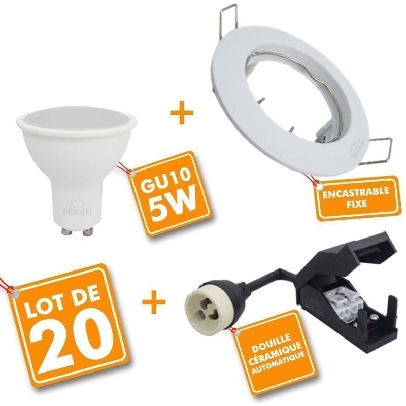 Lot de 20 Spot encastrable fixe complet blanc avec GU10 led de 5W eq 40W Température de Couleur: Blanc Chaud 3000K