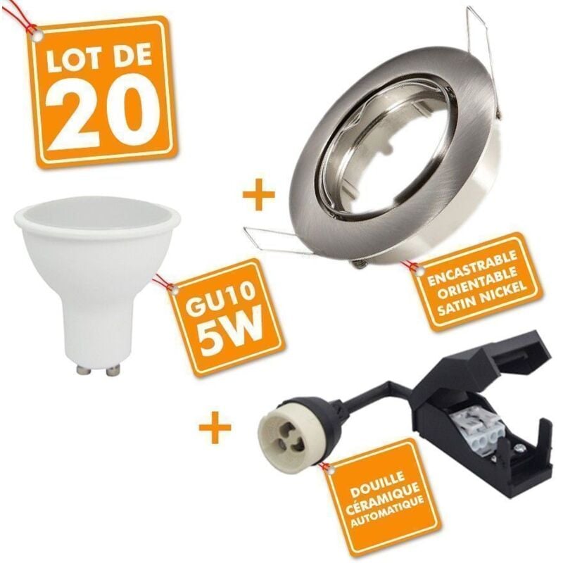 20 x Spot encastrable orientable Acier Brossé complet led 5W eq 50W Température de Couleur: Blanc chaud 2700K