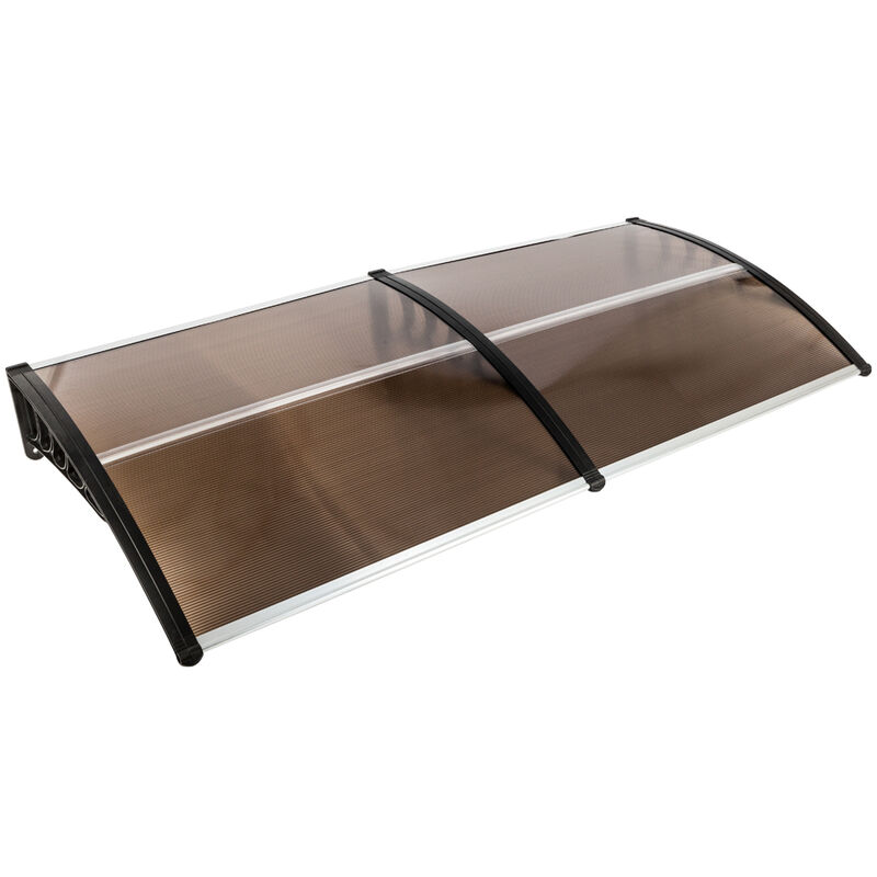 200 * 100cm Außenterrassentür Dachmarkise transparente Regenmarkise braunes Brett schwarze Halterung Sonnenbrett vorne und hinten Aluminiumstreifen