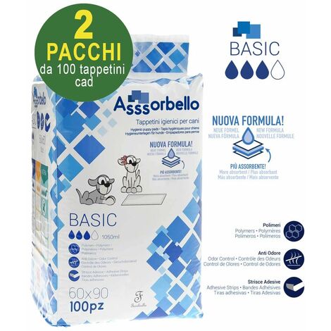 200 Asssorbello Basic 60x90 cm tapis hygiéniques pour chiens - 2 paquets de 100 pièces chacun
