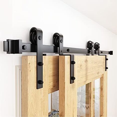200 cm Doppel-Schiebetür-Set für Scheunentore, Verbindungsschienen-Set für Schiebetüren, Scheunentorbeschläge, Schwarz, Tragkraft 150 kg