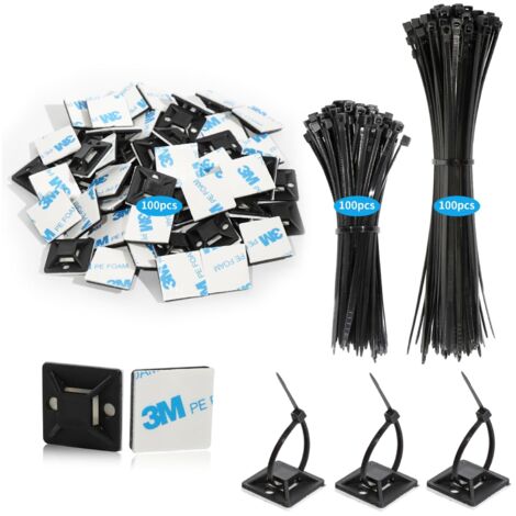 200 colliers de serrage noirs 100/150 mm avec 100 attaches auto-adhésives pour colliers de serrage 24x24 mm, serre-câbles avec pastilles auto-adhésives puissantes, câble-AquaForge