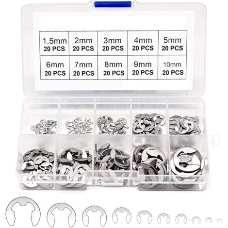200 E-Clips Anneau de Retenue Externe Snap, Kit de Assortiment Anneau de Circlips Interne Acier Inoxydable - 1.5/2/3/4/5/6/7/8/9/10 mm