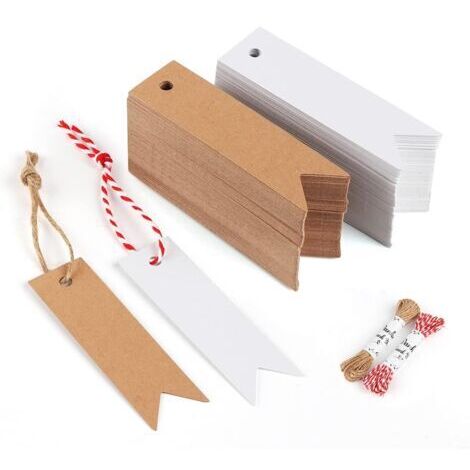 200 pezzi di etichette Kraft, 7×2 cm, bianco e marrone, etichette per regali con corda naturale di juta (20 m) e corda di cotone rosso per regali di nozze e lavori di festa creativi