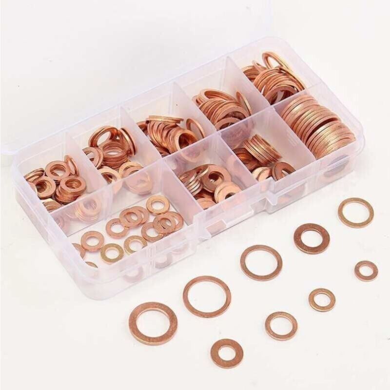 200-piece copper flat gasket, washer seal, nut and screw assortment set, with box