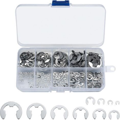 200 Pièces Anneaux de Retenue E-Clip, Rondelles de Blocage en Acier Inoxydable pour Arbres, Kit d'Assortiment de Circlips Internes et Externes, M1.5/M2/M3/M4/M5/M6/M7/M8/M9/M10