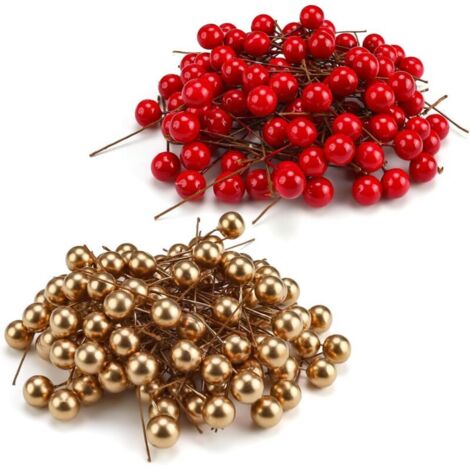 200 Pièces Baies Artificielles, 15mm Faux Fruits Décoratifs, pour Noël Decoration, Décoration Vacances, Support pour Sapin de Noël Artificiel (Rouge et Or)