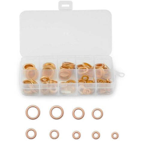 200 Pièces Cuivre Rondelles Metal, Rondelles plates en cuivre Bague d'étanchéité, Joints plats en laiton avec boîte de tri, convient aux fixations à vis (M5/M6/M8/M10/M12/M14)