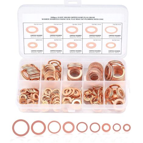 200 Pièces de Rondelles, Jeu de Bagues D'étanchéité Plates en Cuivre, Combinaison de kits de Classification de Bagues D'étanchéité en Cuivre, Avec vis en Boîte