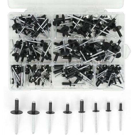 200 Pièces Rivets aveugles pop en aluminium, 3.2 x 8mm, 3.2 x 10mm, 4 x 10mm, 4 x 14mm, 4.8 x 14mm, 4.8 x 18mm, 8 tailles kit d'assortiment de rivets pop Noirs pour Métal, Bois, Plastique
