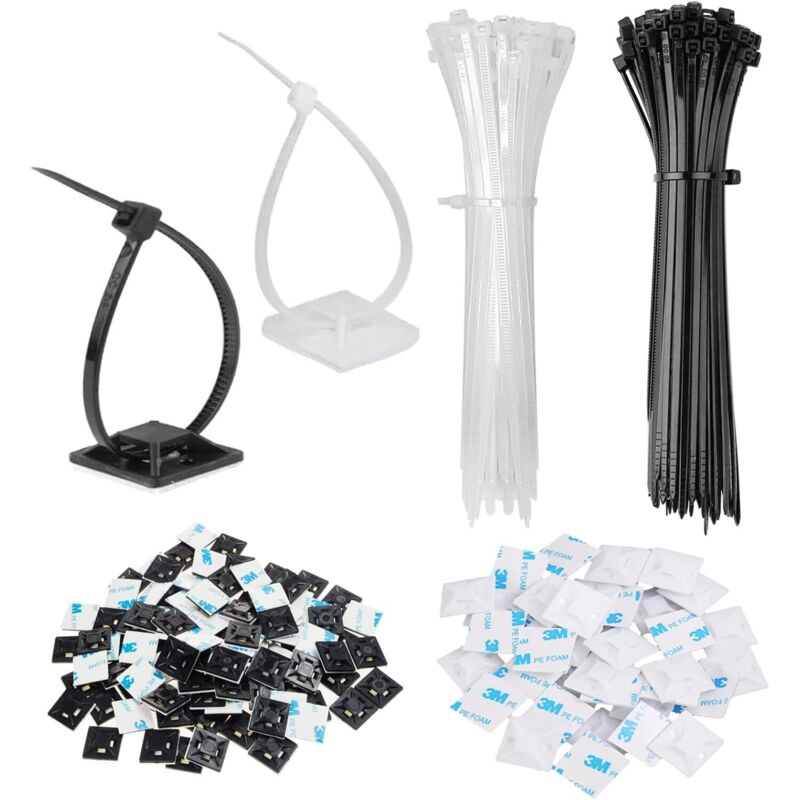 200 Pièces Serre-Câbles, Attache Cable Adhesif en Plastique, Embase Adhesive, Pour La Gestion des Câbles à La Maison Et au Bureau (Noir, Blanc)