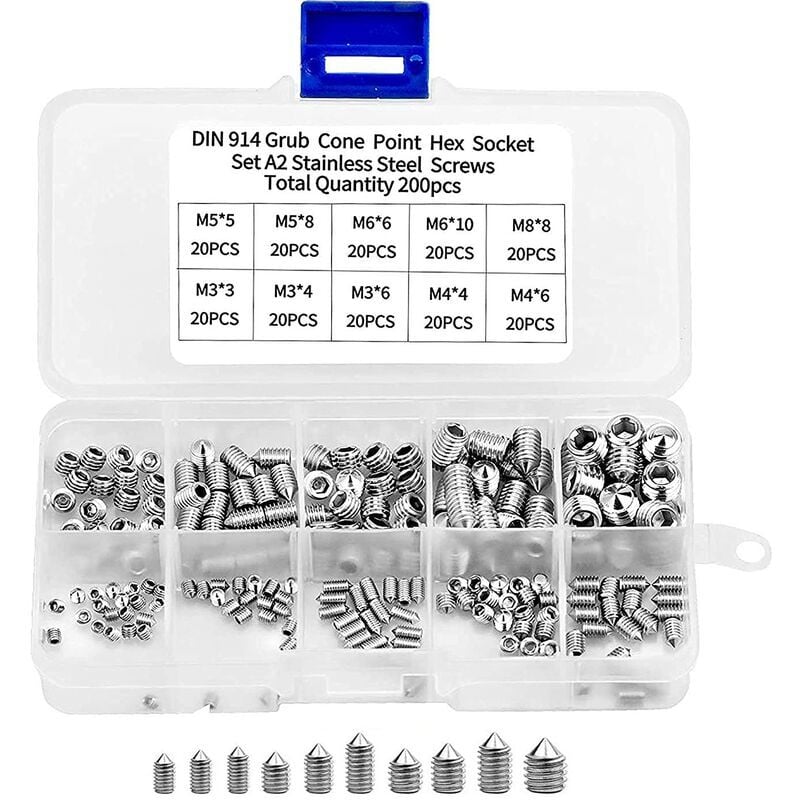 200 pièces Vis Pointeau M3 M4 M5 M6 M8 Vis Sans Hexagonale Vis à Conique Hexagonale Vis à Pointe Hexagonale Assortiment Vis Hexagonale en Acier