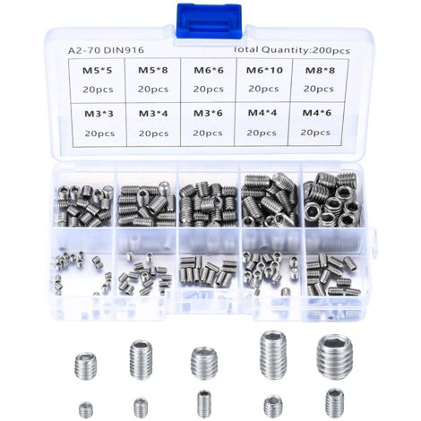 200 Pièces Vis Sans Tête en Acier Inox, M3 M4 M5 M6 M8 Vis à Métaux, Assortiment Kit de Fixations Vis Pointeau