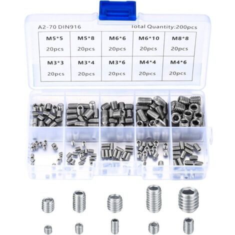 200 Pièces Vis Sans Tête en Acier Inox, M3 M4 M5 M6 M8 Vis à Métaux, Assortiment Kit de Fixations Vis Pointeau