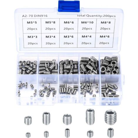 200 Pièces Vis Sans Tête en Acier Inox, M3 M4 M5 M6 M8 Vis à Métaux, Assortiment Kit de Fixations Vis Pointeau