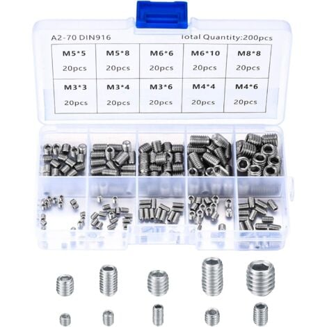 COSTJJ 200 Pièces Vis Sans Tête en Acier Inox, M3 M4 M5 M6 M8 Vis à Métaux, Assortiment Kit de Fixations Vis Pointeau
