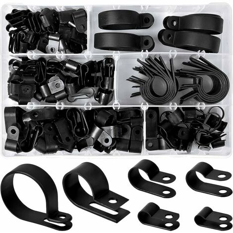 200 piezas Abrazaderas de plástico Clips de nailon R Abrazaderas de fijación de tubos, 6 tamaños 3/16'' 1/4'' 3/8'' 1/2'' 3/4'' 11/8'' Abrazaderas para conductos, cables, fundas ( Negro),SEMAket