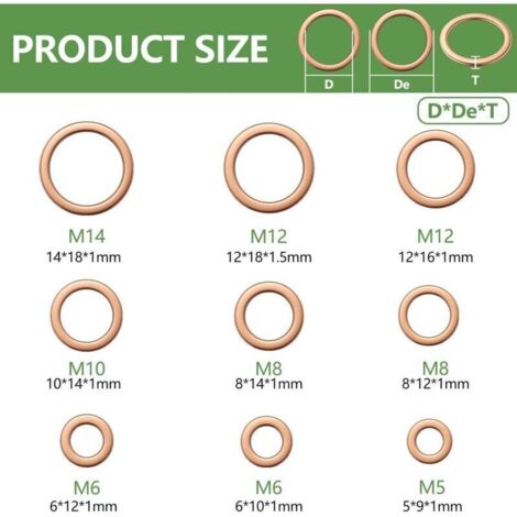 200 Rondelles Plates en Cuivre pour Vis M5 M6 M8 M10 M12 M14 – Joints d’Étanchéité Métalliques avec Boîte de Tri
