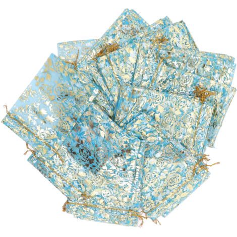 200 Sachets Organza à Cordons avec Impression de Roses 6.3x4.3 Pouces, Sacs Cadeaux en Tulle Bleu pour Bijoux et Cadeaux