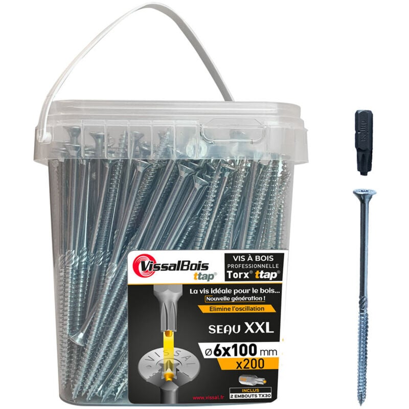 200 vis à bois ttap 6x100mm filetage asymétrique zingué Vissal