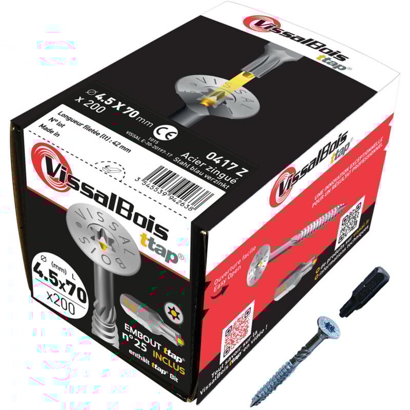 Boite de 200 vis agglo Torx25 zinguées à filetage partiel torx/ttap ailette 60/70/80mm - diam 4.5 mm - 70/42