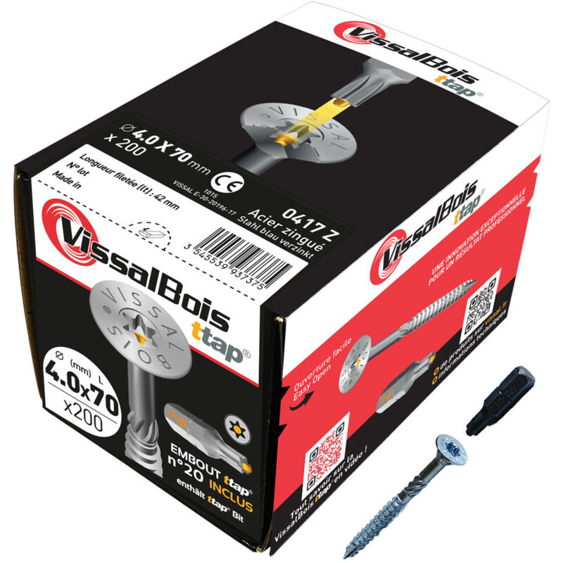 Boite de 200 vis agglo Torx20 zinguées à filetage partiel torx/ttap ailette 60/70mm - diam 4 mm - 70/42