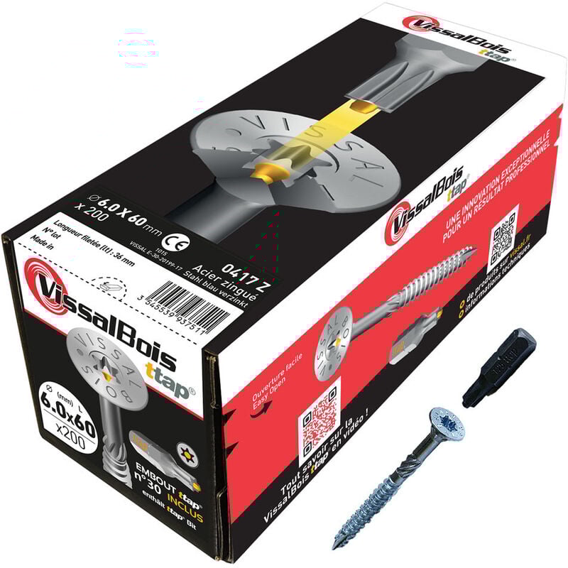 200 vis bois TTAP 6x60mm filetage asymétrique zingué - Vissal