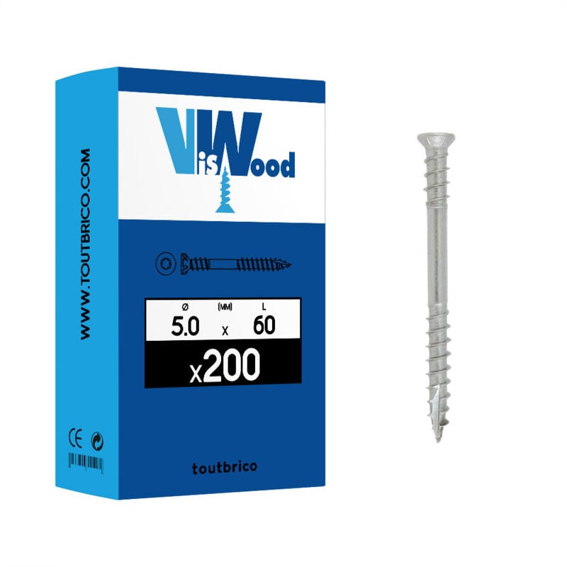 200 vis de terrasse tête réduite double filetage 5x60mm fraisée Tx inox A2 Viswood