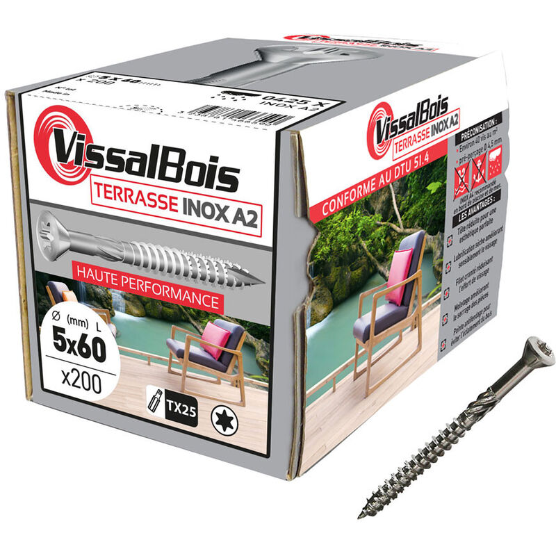 Vissal - 200 vis terrasse 5 x 60mm tête réduite inox A2