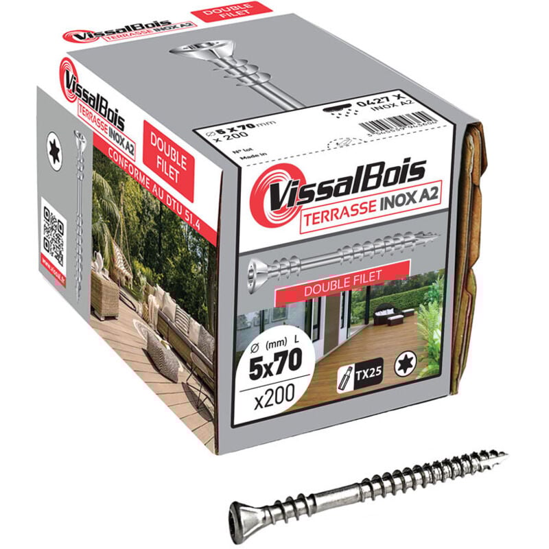 200 vis terrasse 5 X 70mm double filetage inox A2 - Vissal