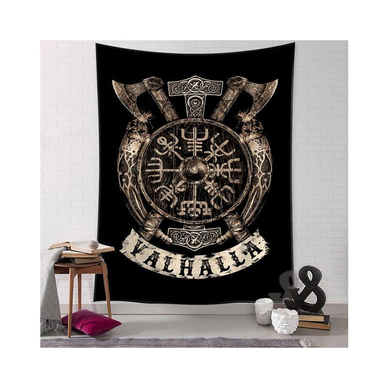 Viking Tapisserie Vegvisir Axes Marteau Valhalla Tenture Murale Mythologie Nordique Fathurk Tapisserie Murale EsthéTique Petite Tissu Mural
