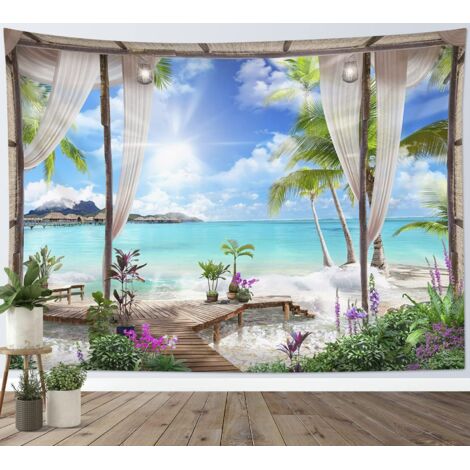 200 x 150 cm, türkisfarbener Ozean-Wandteppich, Strand-Wandbehang, Wanddecke, tropische Insellandschaft vom Balkon, Wandteppiche, Wanddekoration für Zuhause, Wohnzimmer, Schlafzimmer, Wohnheim