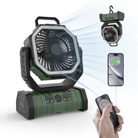 20000 mAh wiederaufladbarer tragbarer Campingventilator, USB-Akkubetriebener Kopfventilator mit LED-Laterne, Outdoor-Zeltventilator mit Fernbedienung und Haken zum Angeln, Reisen, auf der Baustelle