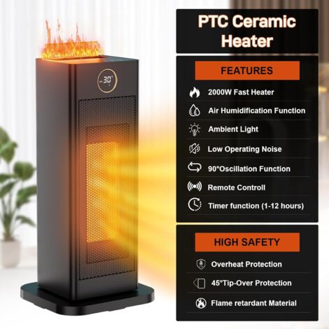 2000W Keramik Heizlüfter Energiesparend mit Luftbefeuchter led Flammenlicht, Leise, 2S Wärmt Schnell, 90°Oszillation, mit Fernbedienung, Timer, 4 Modus, Elektrische Heizung