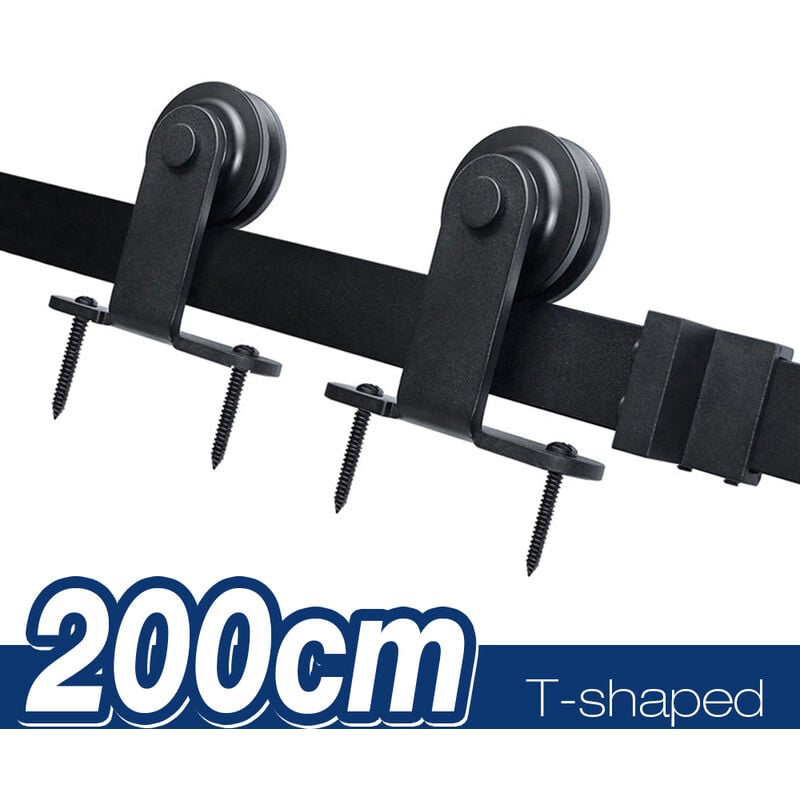 200cm porte de grange suspension rail jeu de poulie (crochet en forme de t) porte simple monté acier carbone noir