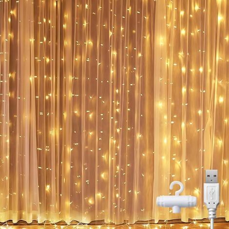 200LED Guirlande Lumineuse Rideau, 2m2m USB Rideau Lumineux Résistance à L'eau Pour Extérieur, Intérieur, Decoration de Fenêtre, Noël, Mariage, Anniversaire, Patio(Blanc Chaud)