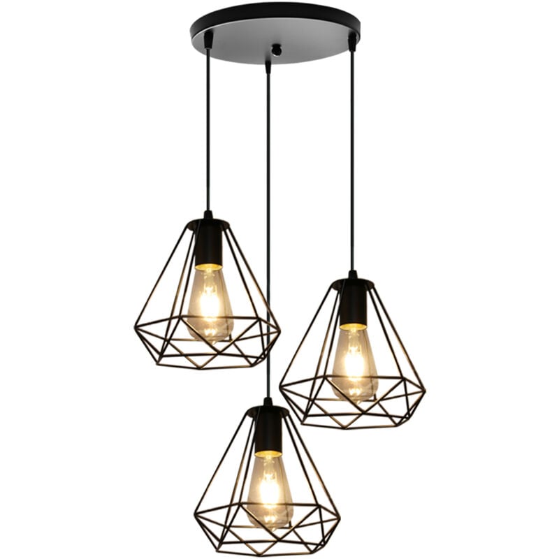 Norcks - 200MM Lustre Diamant Rétro Industriel Suspension Luminaire Vintage Plafonnier Hauteur Réglable 3 Supports De Lampe Suspension Noir