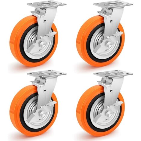 200mm Roulette Charge Lourde Avec Frein, en Polyuréthane Industrielles Roue Capacité 2700 Kg Avec Double Roulement à Billes, Silencieux et RéSistant à l'Usure Équipement lourd, Instruments