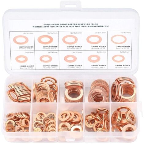 200pcs 10 Spécifications Joints Bague D'étanchéité, M5 M6 M8 M10 M12 M14, Rondelles En Cuivre Assortiment Kit, Cuivre Rondelles Metal, Joints Bague D'étanchéité, Cuivre Rondelles Joint bague d'étanché
