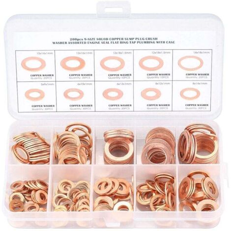 200pcs 10 Spécifications Joints Bague D'étanchéité, M5 M6 M8 M10 M12 M14, Rondelles En Cuivre Assortiment Kit, Cuivre Rondelles Metal, Joints Bague D'étanchéité, Cuivre Rondelles Joint bague d'étanché