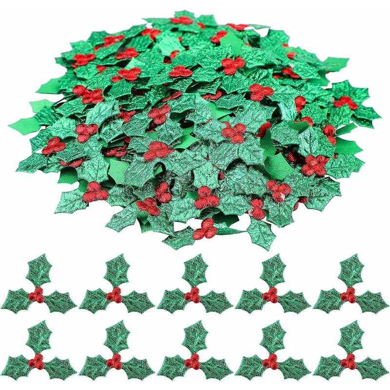Image of 200pcs Artificial Holly Berries with Green Leaves Artificial Pine Picks Artificial Red Berry Twigs Cones Artificial Wreath Props for Christmas