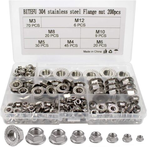 200pcs Hex Lock Nuts Flange Nut Flange Nuts 304 Stainless Steel M3 M4 M5 M6 M8 M10 M12 Assortment Kit